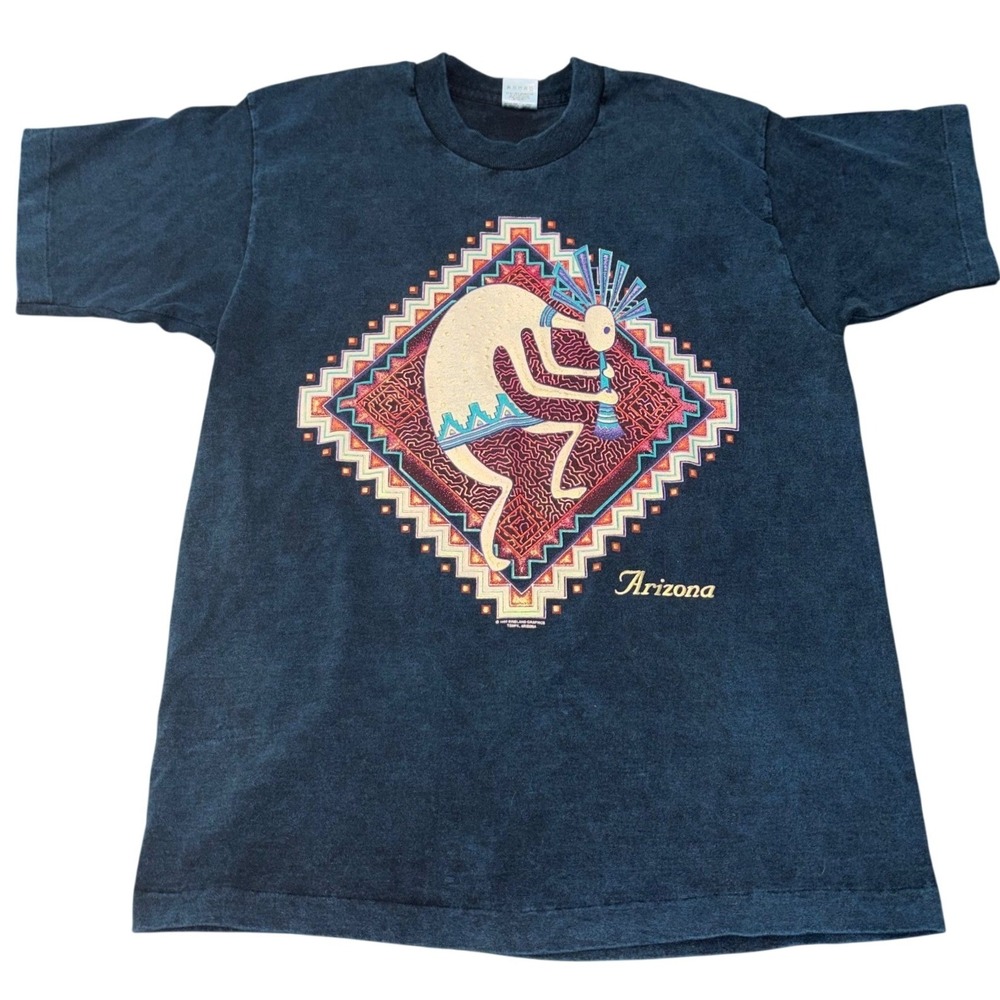 Vintage 1993 Arizona Kokopelli T-Shirt FOTL Large Black Made in USA Graphic Tee
